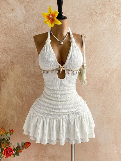 Soleia White Halter Twist Bodycon Mini Dress, Metal Accessories, Shell Decor, Beach Resort Vacation, Summer Outfit,White Dresses For Women,No Breast Pads