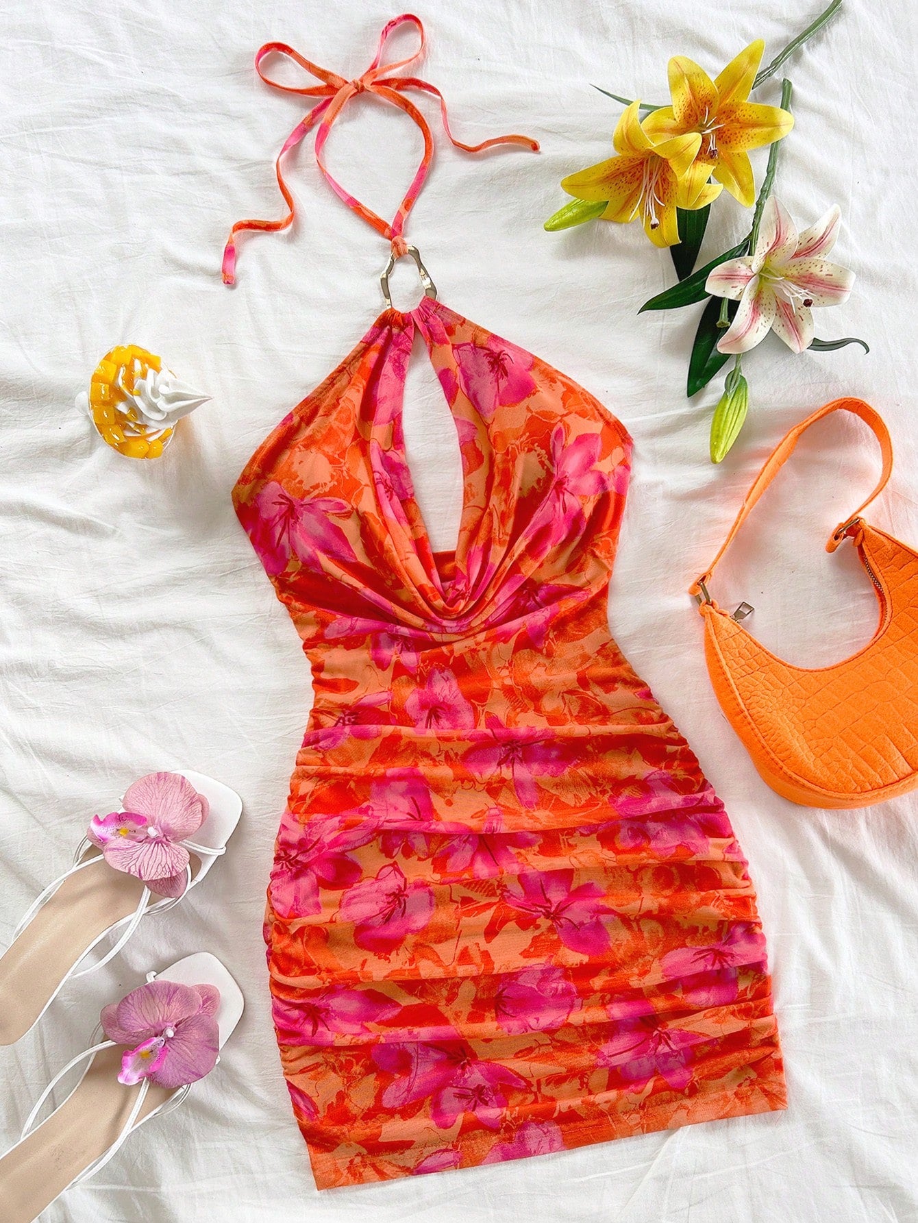 Soleia Women's Burnt Orange Summer Casual Tropical Holiday Vacation Vibrant Printed Deep Draped Neck, Halter Backless Fitted Mini Dress No Chest Padding
