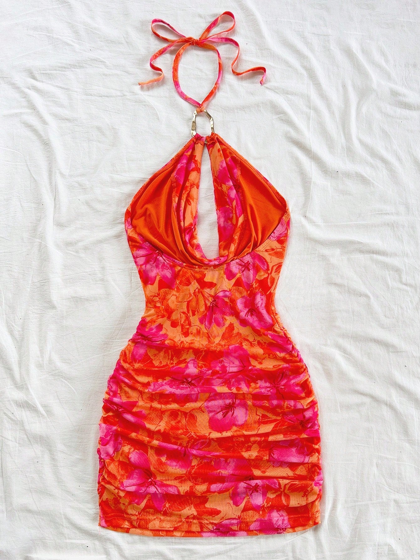 Soleia Women's Burnt Orange Summer Casual Tropical Holiday Vacation Vibrant Printed Deep Draped Neck, Halter Backless Fitted Mini Dress No Chest Padding