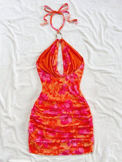 Soleia Women's Burnt Orange Summer Casual Tropical Holiday Vacation Vibrant Printed Deep Draped Neck, Halter Backless Fitted Mini Dress No Chest Padding