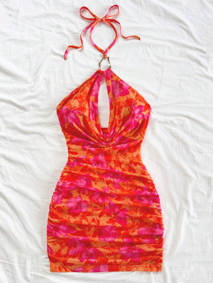 Soleia Women's Burnt Orange Summer Casual Tropical Holiday Vacation Vibrant Printed Deep Draped Neck, Halter Backless Fitted Mini Dress No Chest Padding