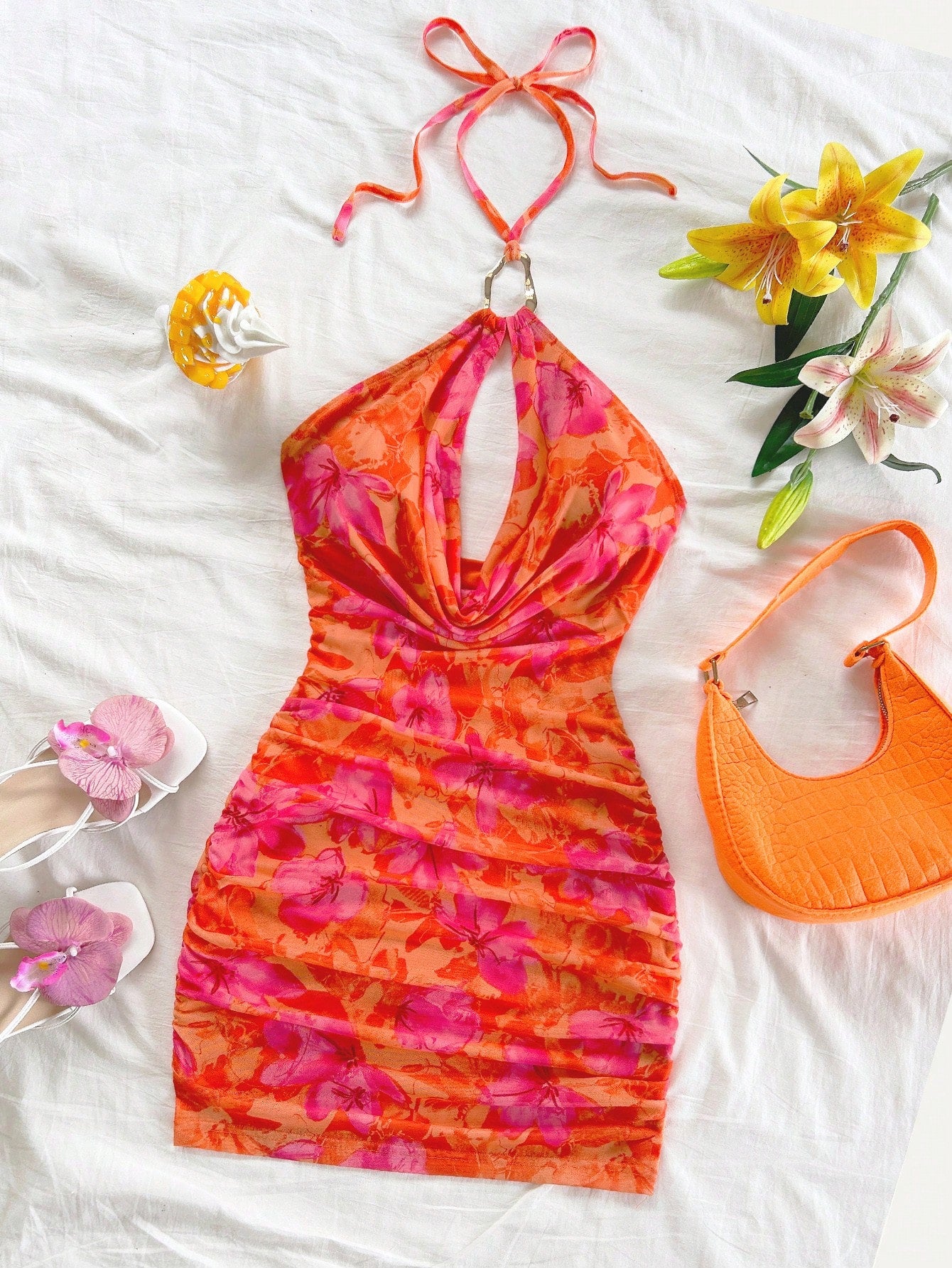 Soleia Women's Burnt Orange Summer Casual Tropical Holiday Vacation Vibrant Printed Deep Draped Neck, Halter Backless Fitted Mini Dress No Chest Padding
