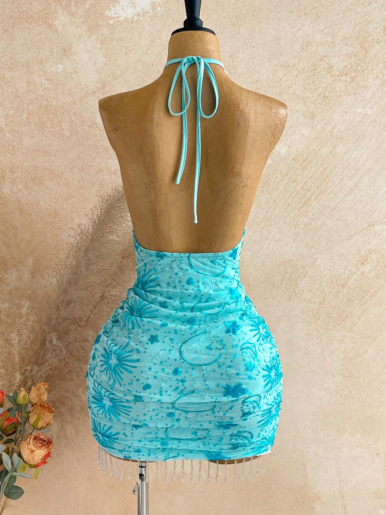 Soleia Women's Burnt Orange Summer Casual Tropical Holiday Vacation Vibrant Printed Deep Draped Neck, Halter Backless Fitted Mini Dress No Chest Padding