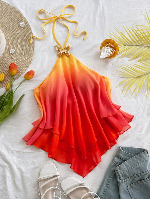 Soleia Women's Gradient Pink-Yellow Halter Top,Butterfly Metal Decor Draping Beach Vacation Holiday,Golden Yellow Sunset Party Beachwear,No Chest Padding