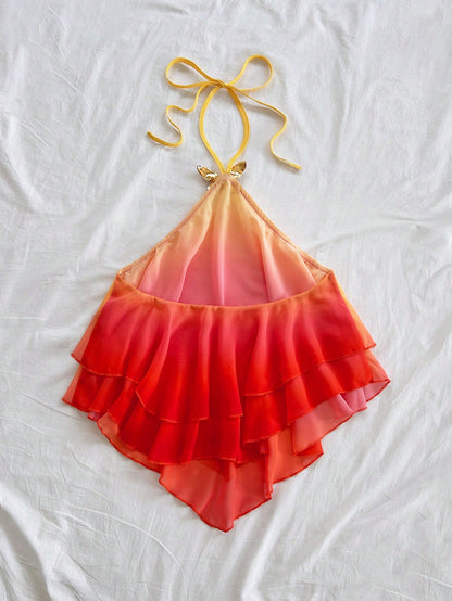 Soleia Women's Gradient Pink-Yellow Halter Top,Butterfly Metal Decor Draping Beach Vacation Holiday,Golden Yellow Sunset Party Beachwear,No Chest Padding