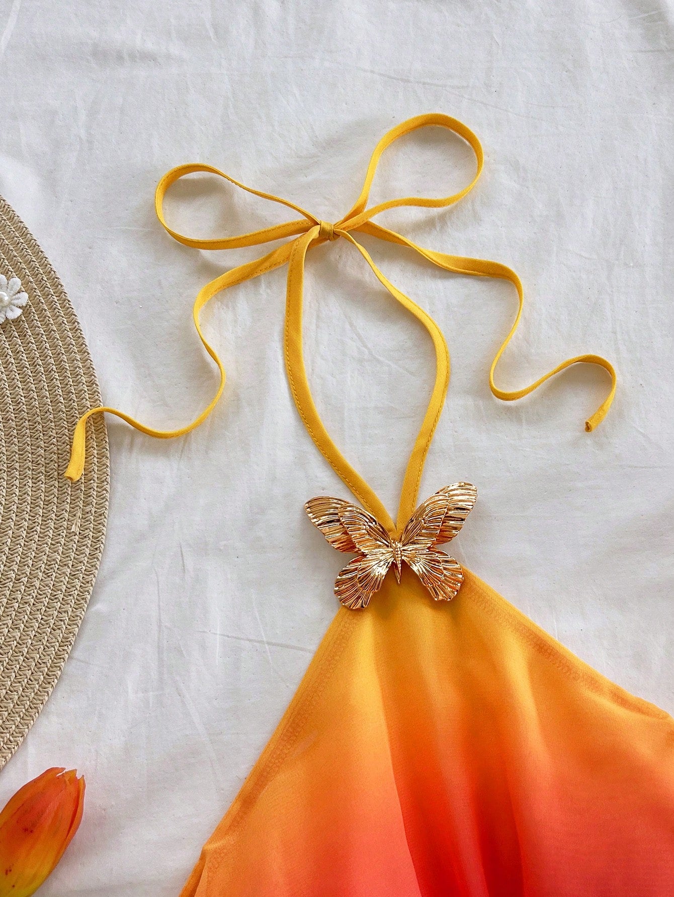 Soleia Women's Gradient Pink-Yellow Halter Top,Butterfly Metal Decor Draping Beach Vacation Holiday,Golden Yellow Sunset Party Beachwear,No Chest Padding
