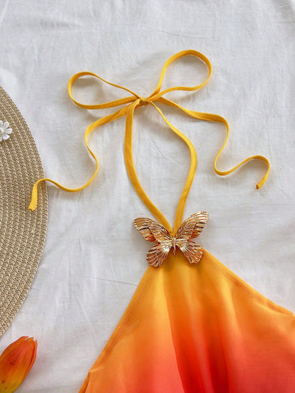 Soleia Women's Gradient Pink-Yellow Halter Top,Butterfly Metal Decor Draping Beach Vacation Holiday,Golden Yellow Sunset Party Beachwear,No Chest Padding