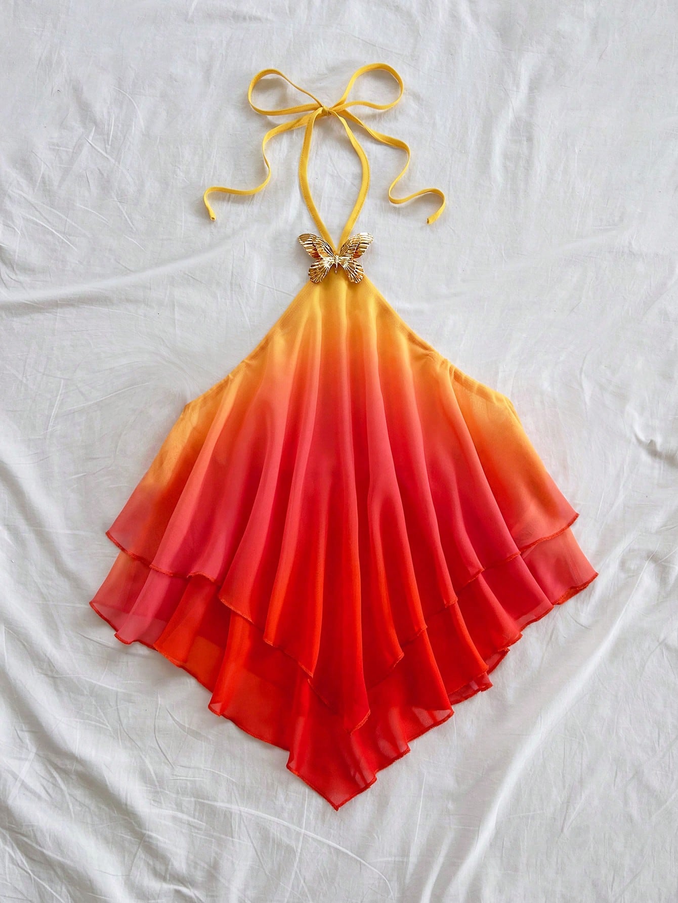Soleia Women's Gradient Pink-Yellow Halter Top,Butterfly Metal Decor Draping Beach Vacation Holiday,Golden Yellow Sunset Party Beachwear,No Chest Padding
