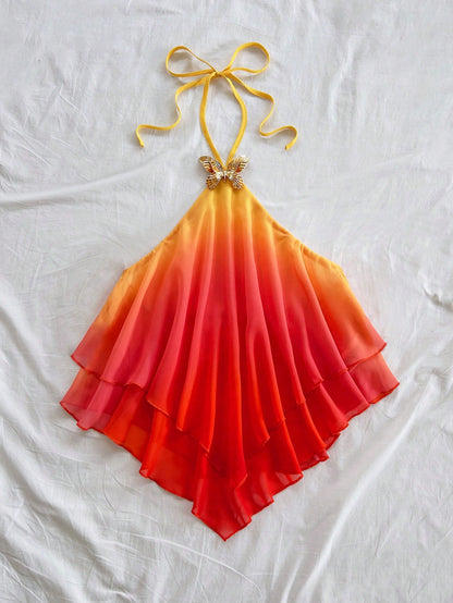 Soleia Women's Gradient Pink-Yellow Halter Top,Butterfly Metal Decor Draping Beach Vacation Holiday,Golden Yellow Sunset Party Beachwear,No Chest Padding