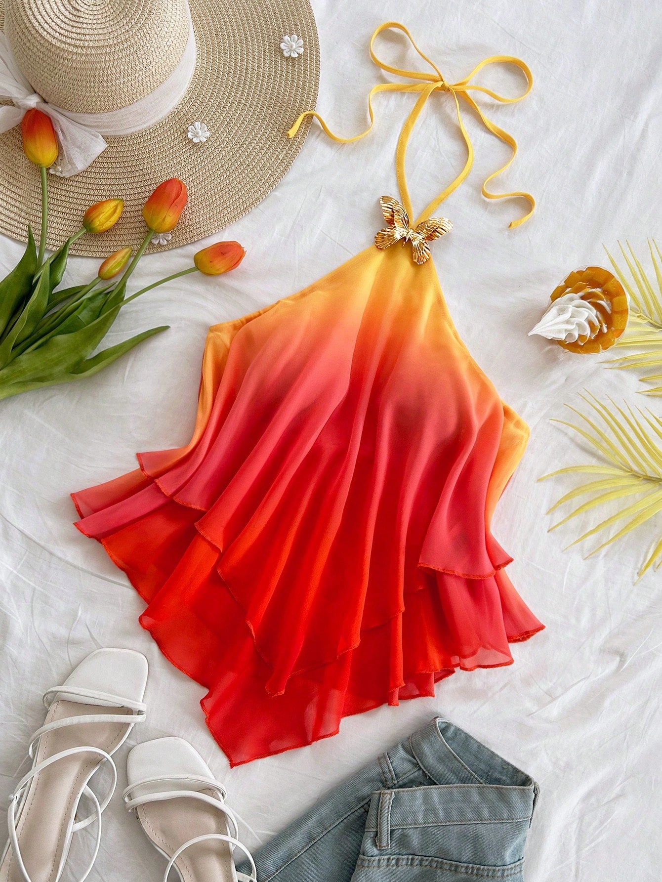 Soleia Women's Gradient Pink-Yellow Halter Top,Butterfly Metal Decor Draping Beach Vacation Holiday,Golden Yellow Sunset Party Beachwear,No Chest Padding