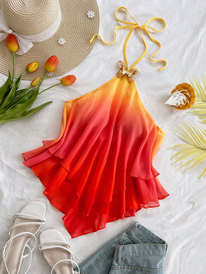 Soleia Women's Gradient Pink-Yellow Halter Top,Butterfly Metal Decor Draping Beach Vacation Holiday,Golden Yellow Sunset Party Beachwear,No Chest Padding