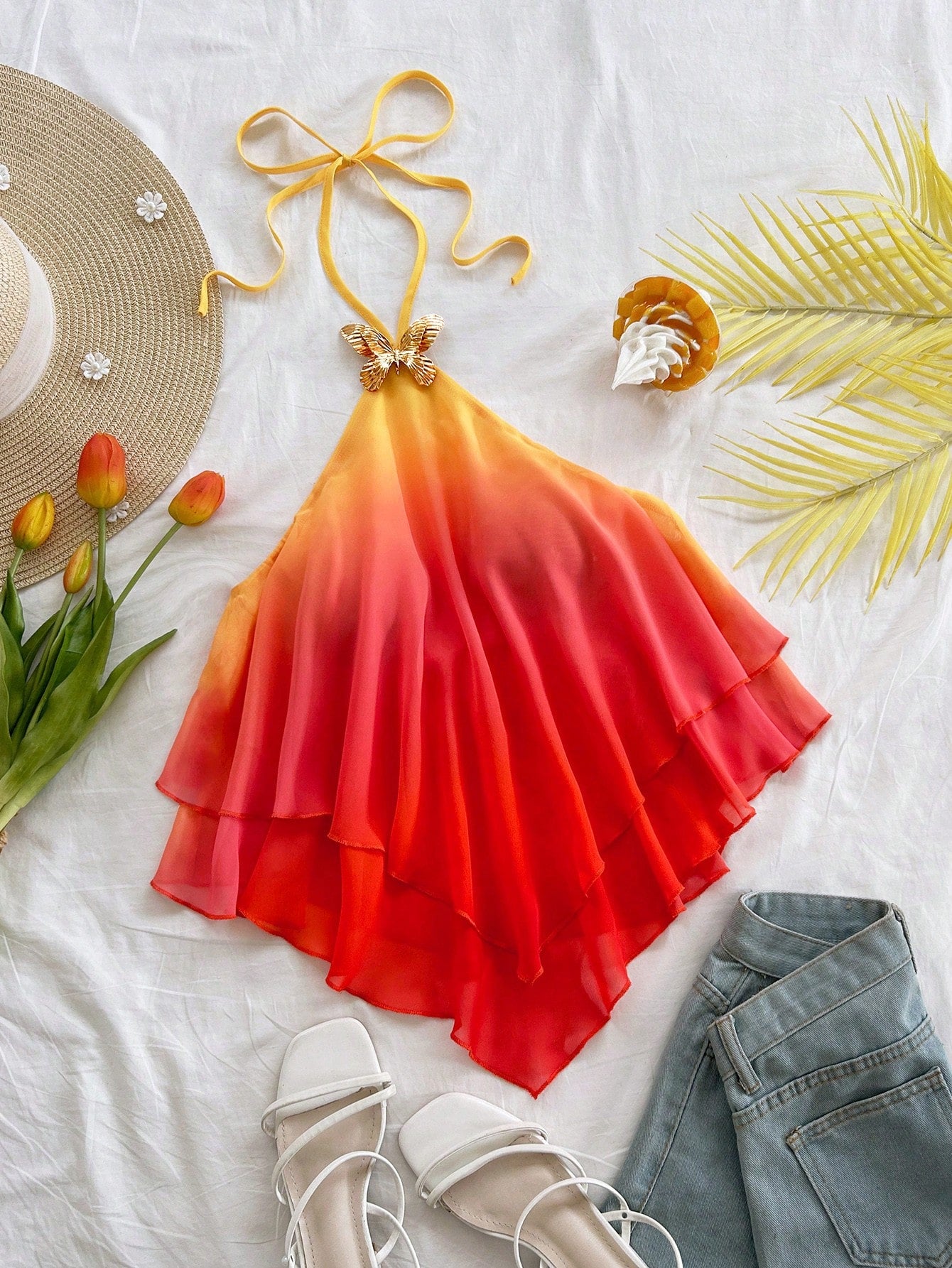 Soleia Women's Gradient Pink-Yellow Halter Top,Butterfly Metal Decor Draping Beach Vacation Holiday,Golden Yellow Sunset Party Beachwear,No Chest Padding