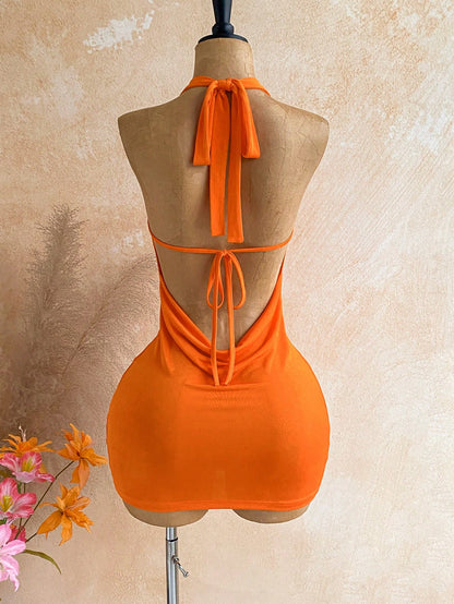 Soleia Women's Halter Backless Metallic Floral Decor Mini Dress,Orange Summer 70s Night Out Party Dress,Elegant Beach Vacation Festival Outfits