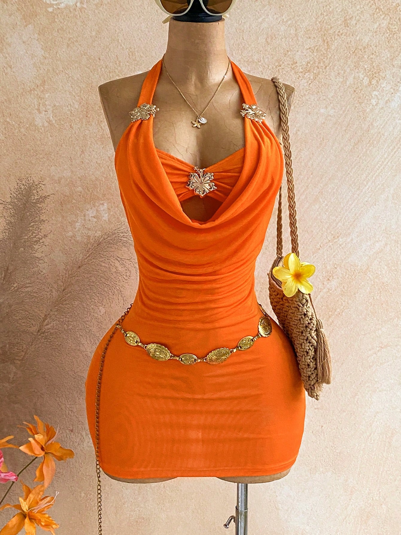 Soleia Women's Halter Backless Metallic Floral Decor Mini Dress,Orange Summer 70s Night Out Party Dress,Elegant Beach Vacation Festival Outfits