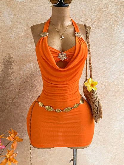 Soleia Women's Halter Backless Metallic Floral Decor Mini Dress,Orange Summer 70s Night Out Party Dress,Elegant Beach Vacation Festival Outfits