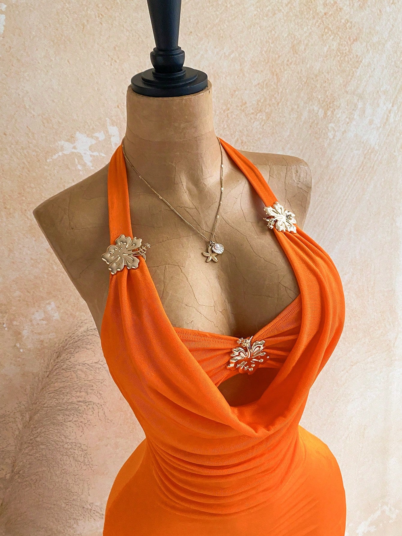 Soleia Women's Halter Backless Metallic Floral Decor Mini Dress,Orange Summer 70s Night Out Party Dress,Elegant Beach Vacation Festival Outfits