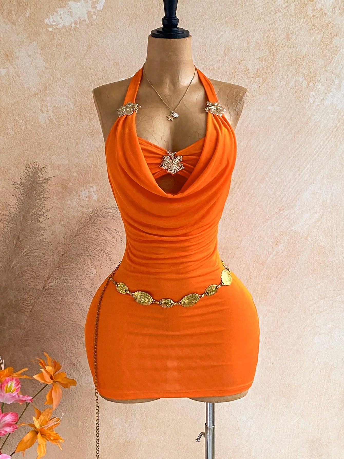 Soleia Women's Halter Backless Metallic Floral Decor Mini Dress,Orange Summer 70s Night Out Party Dress,Elegant Beach Vacation Festival Outfits