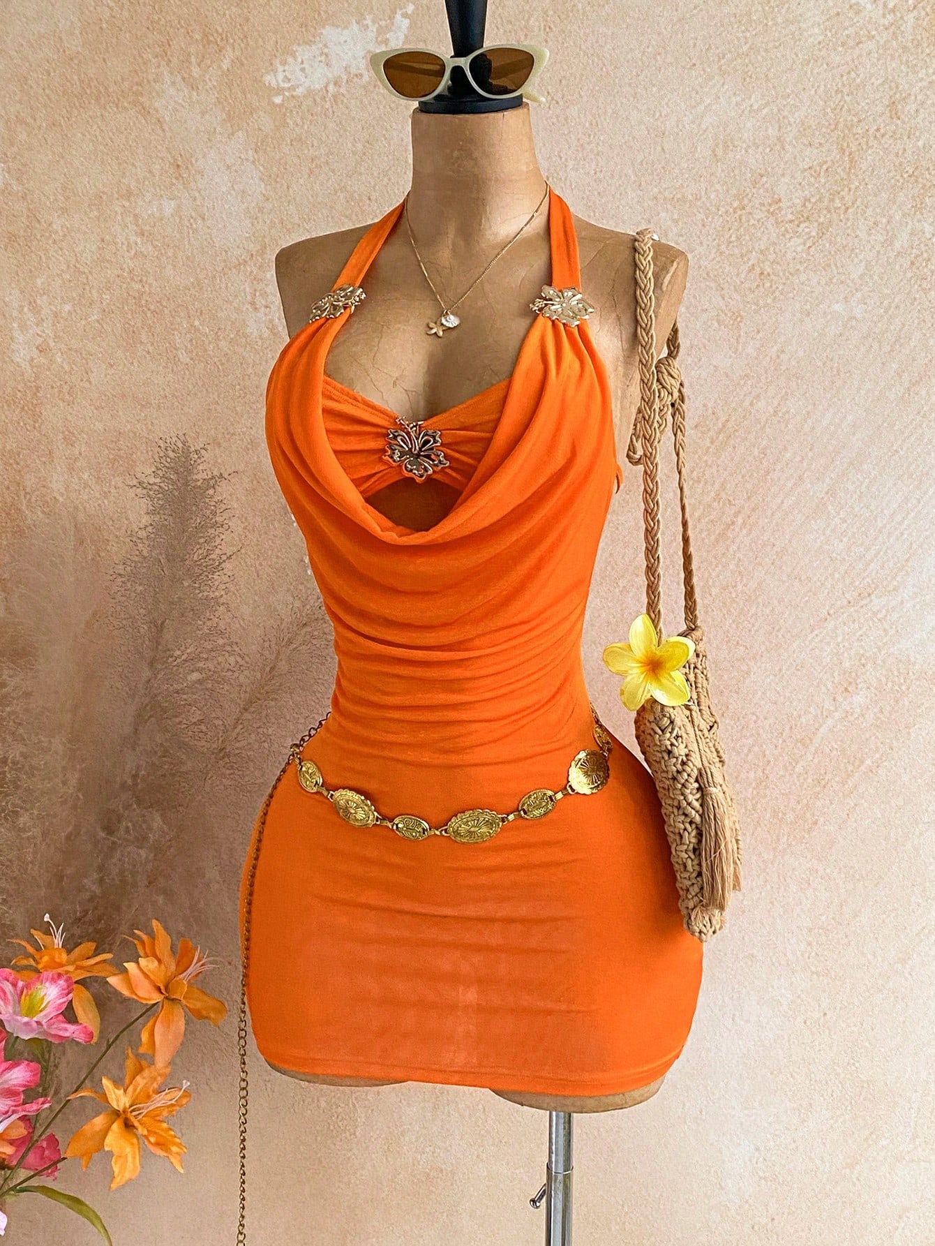 Soleia Women's Halter Backless Metallic Floral Decor Mini Dress,Orange Summer 70s Night Out Party Dress,Elegant Beach Vacation Festival Outfits