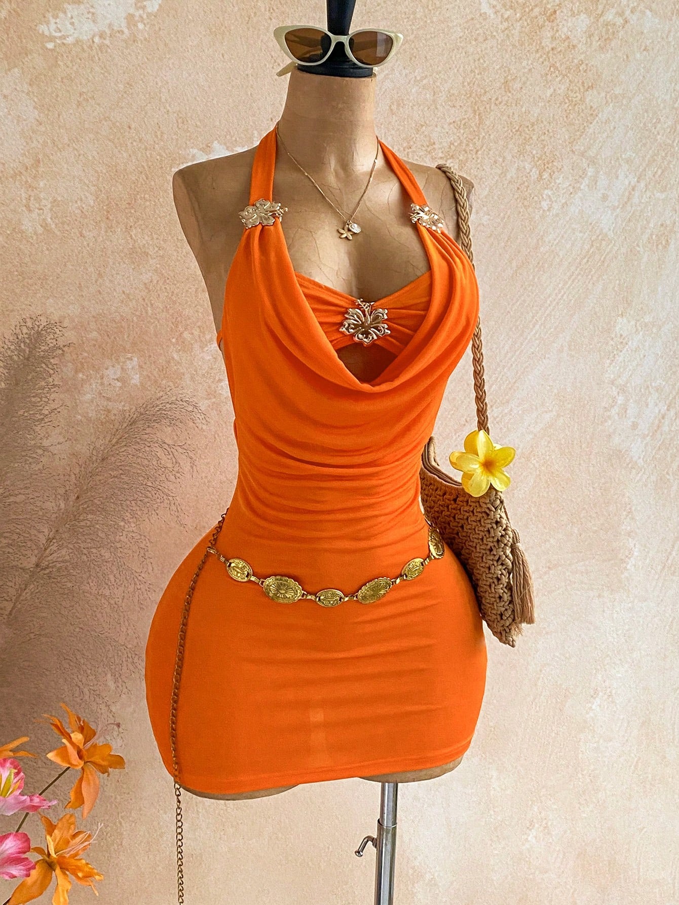 Soleia Women's Halter Backless Metallic Floral Decor Mini Dress,Orange Summer 70s Night Out Party Dress,Elegant Beach Vacation Festival Outfits