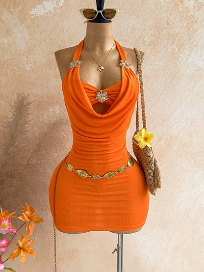 Soleia Women's Halter Backless Metallic Floral Decor Mini Dress,Orange Summer 70s Night Out Party Dress,Elegant Beach Vacation Festival Outfits