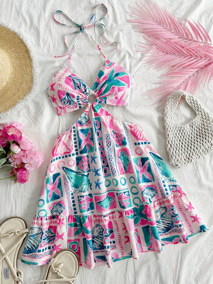 Soleia Women's Mint Green Ocean Print Waist Cutout Halter A-Line Dress,White,Boho,Vacation, Beach Festival Bohemian Bow Tie Sun Dresses No Chest Padding