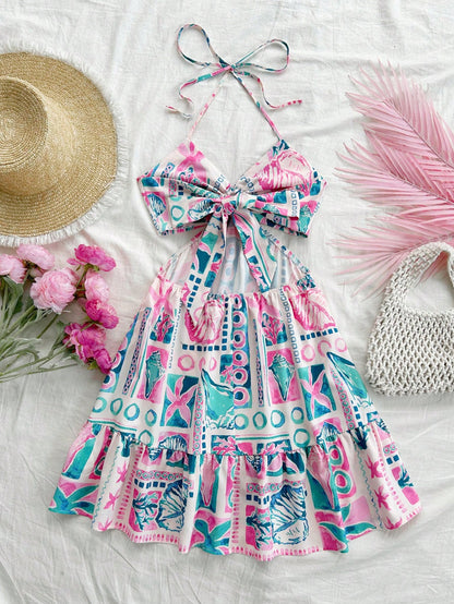Soleia Women's Mint Green Ocean Print Waist Cutout Halter A-Line Dress,White,Boho,Vacation, Beach Festival Bohemian Bow Tie Sun Dresses No Chest Padding