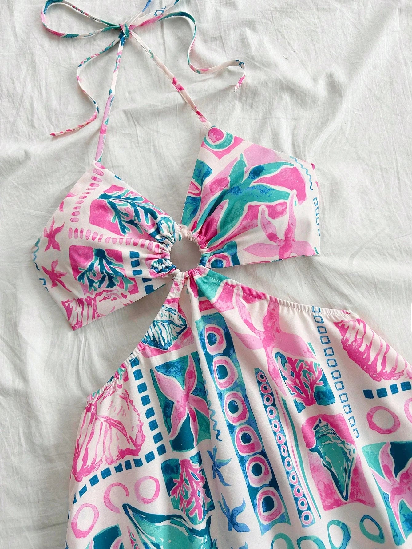 Soleia Women's Mint Green Ocean Print Waist Cutout Halter A-Line Dress,White,Boho,Vacation, Beach Festival Bohemian Bow Tie Sun Dresses No Chest Padding