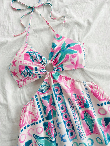 Soleia Women's Mint Green Ocean Print Waist Cutout Halter A-Line Dress,White,Boho,Vacation, Beach Festival Bohemian Bow Tie Sun Dresses No Chest Padding
