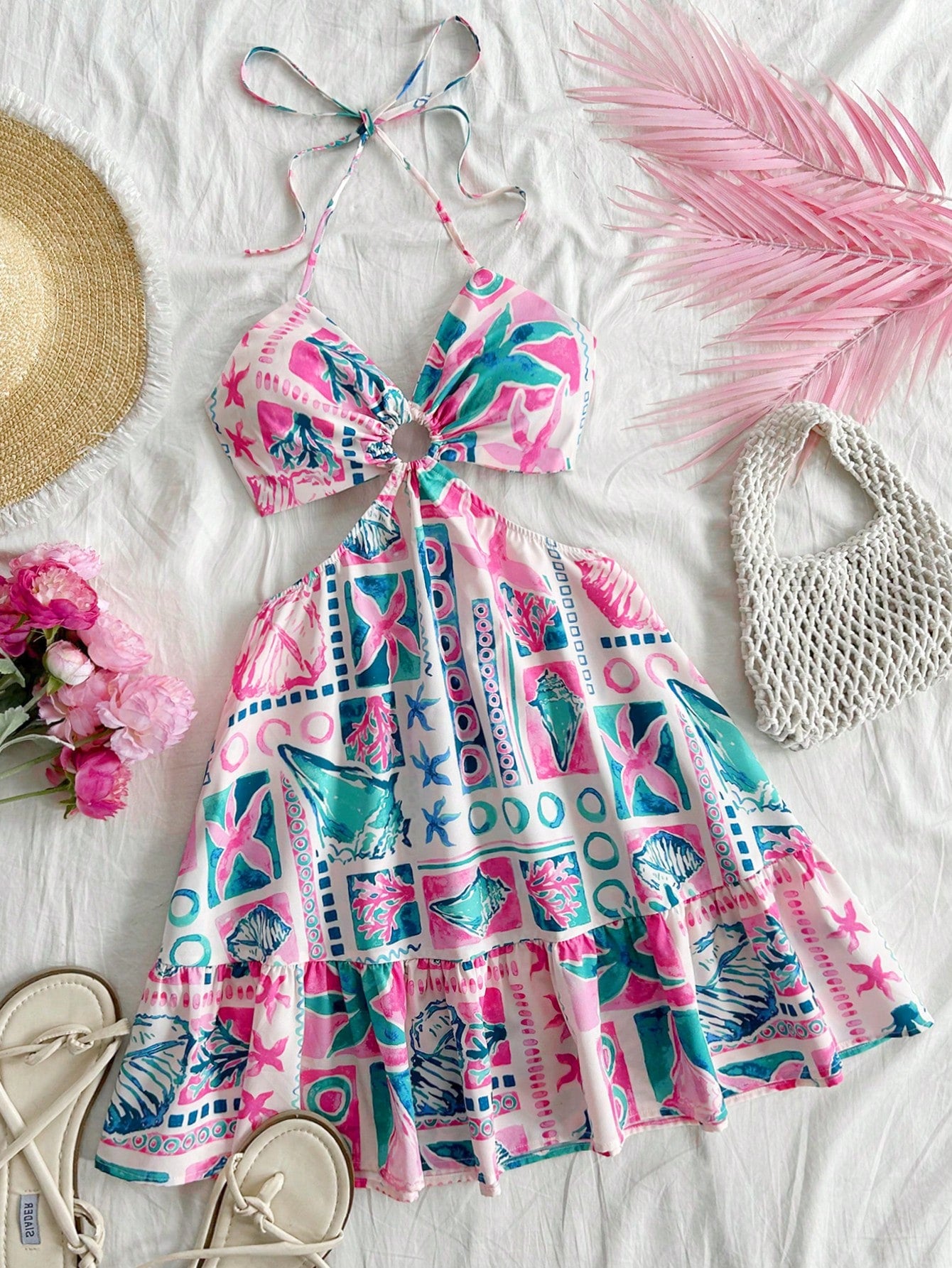 Soleia Women's Mint Green Ocean Print Waist Cutout Halter A-Line Dress,White,Boho,Vacation, Beach Festival Bohemian Bow Tie Sun Dresses No Chest Padding