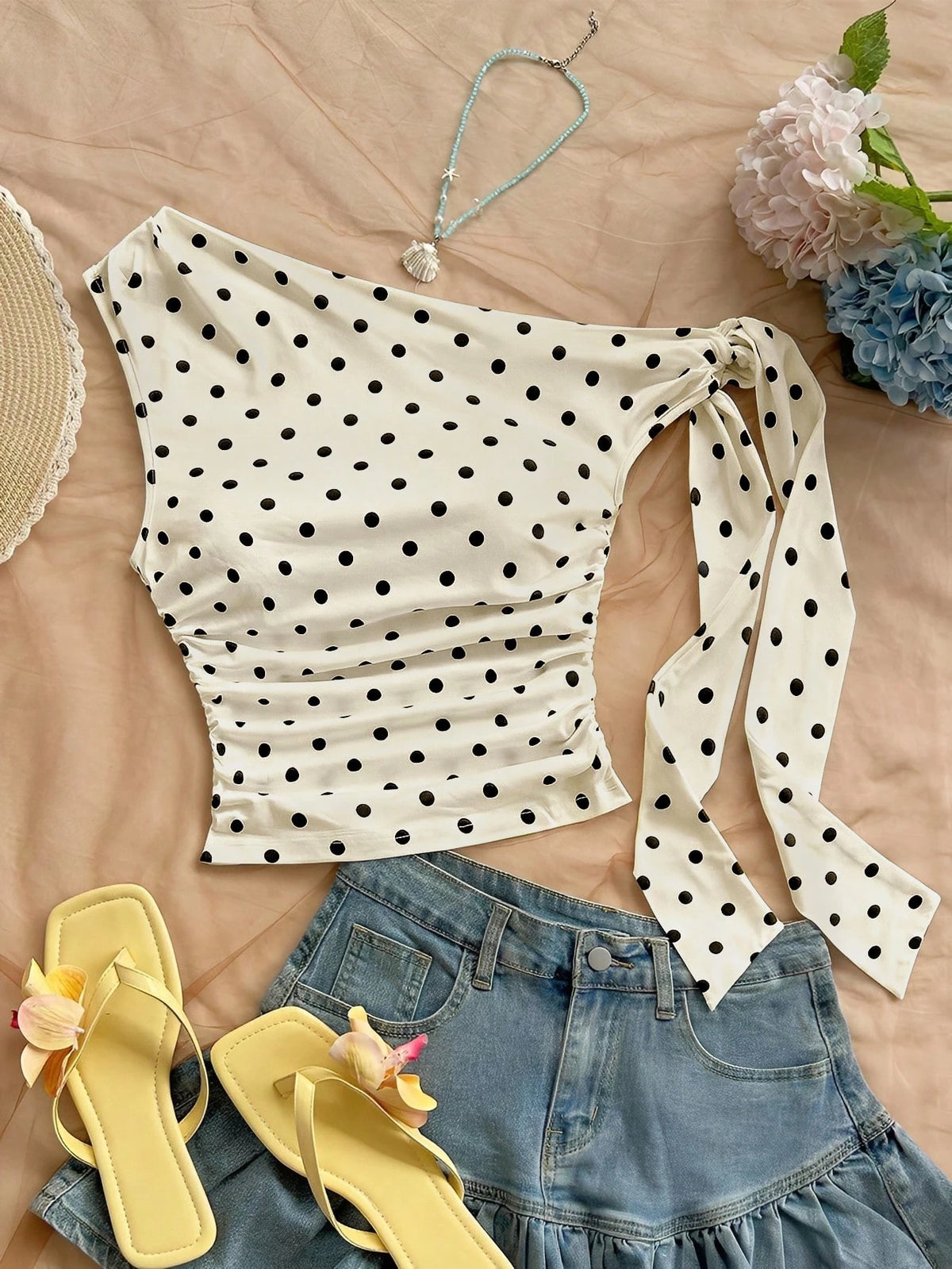 Soleia Women's Polka Dot Ruched Tie Front Sleeveless TopNo Chest Padding