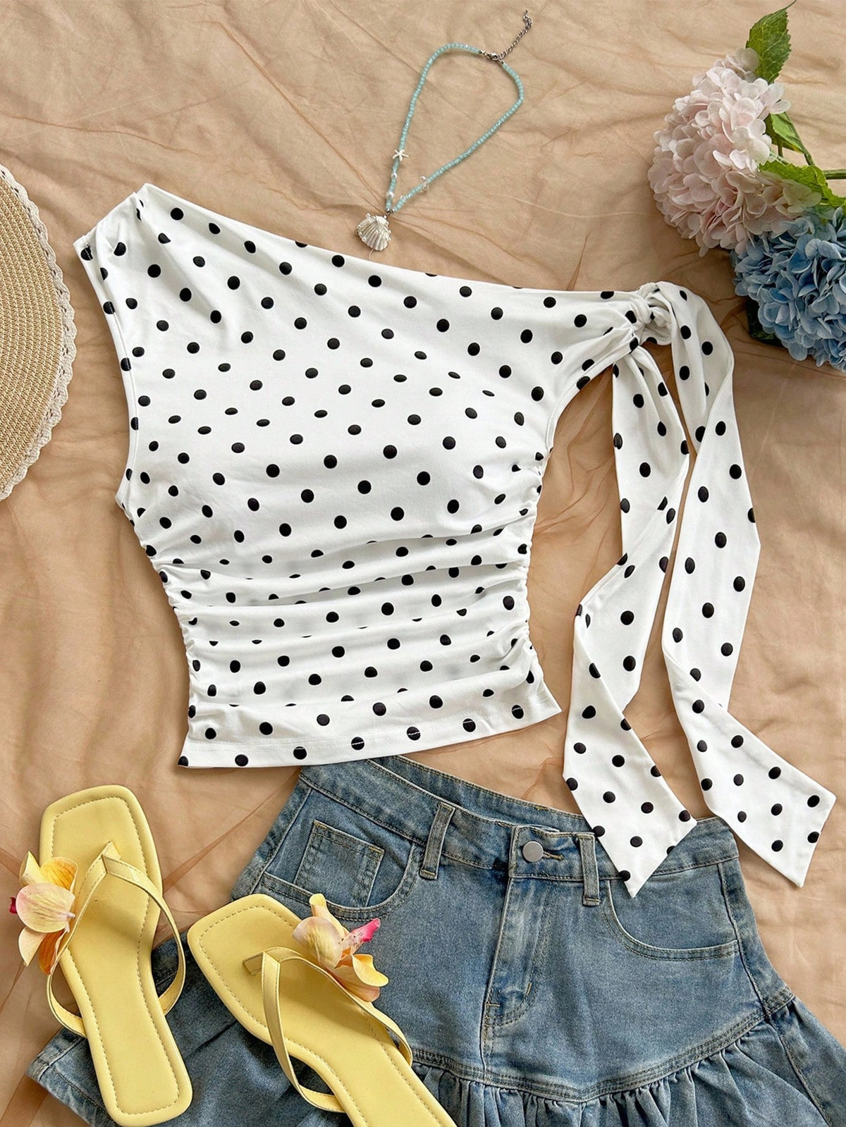 Soleia Women's Polka Dot Ruched Tie Front Sleeveless TopNo Chest Padding