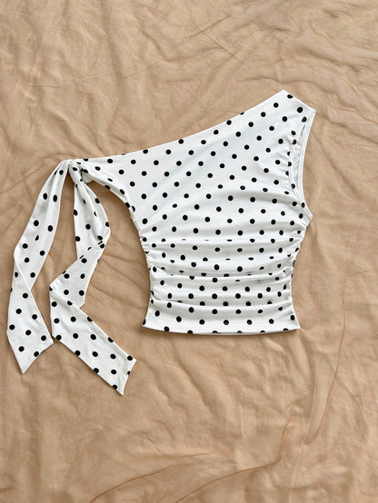 Soleia Women's Polka Dot Ruched Tie Front Sleeveless TopNo Chest Padding