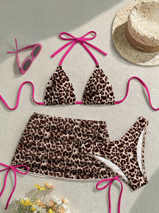 Soleia Women's Retro Leopard Print Bikini Set,Beige,Summer,Casual,Beach,Holiday,Vacation,Holiday,Y2K Fashion Elegant Shiny Top For Party,Graduation Ceremony