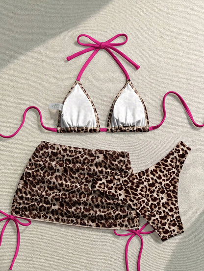 Soleia Women's Retro Leopard Print Bikini Set,Beige,Summer,Casual,Beach,Holiday,Vacation,Holiday,Y2K Fashion Elegant Shiny Top For Party,Graduation Ceremony