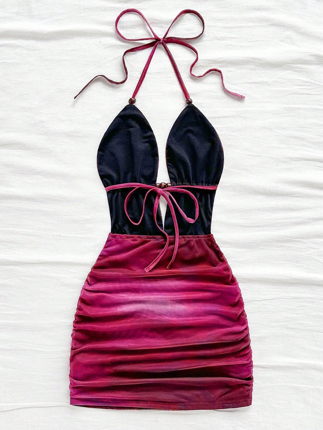 Soleia Women's Retro Tie-Dye Abstract Print Deep V-Neck Halter Backless Ruched Bodycon Mini Dress,Burgundy,Summer,Techno,No Chest Padding