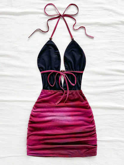 Soleia Women's Retro Tie-Dye Abstract Print Deep V-Neck Halter Backless Ruched Bodycon Mini Dress,Burgundy,Summer,Techno,No Chest Padding