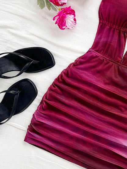 Soleia Women's Retro Tie-Dye Abstract Print Deep V-Neck Halter Backless Ruched Bodycon Mini Dress,Burgundy,Summer,Techno,No Chest Padding