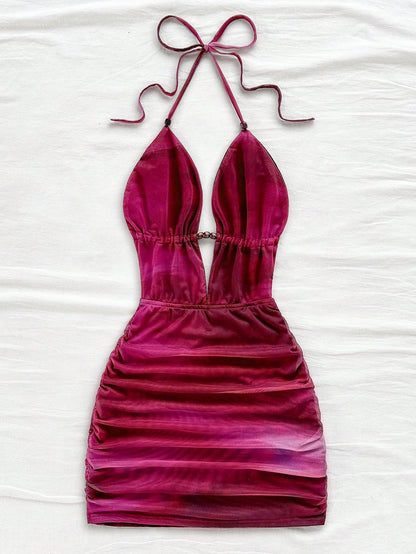 Soleia Women's Retro Tie-Dye Abstract Print Deep V-Neck Halter Backless Ruched Bodycon Mini Dress,Burgundy,Summer,Techno,No Chest Padding