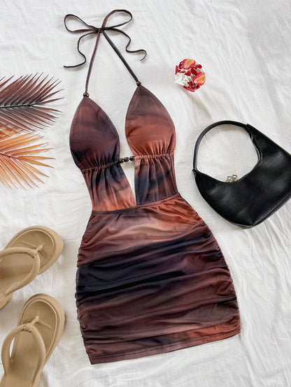 Soleia Women's Retro Tie-Dye Abstract Print Deep V-Neck Halter Backless Ruched Bodycon Mini Dress,Burgundy,Summer,Techno,No Chest Padding