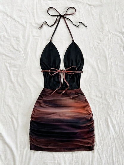 Soleia Women's Retro Tie-Dye Abstract Print Deep V-Neck Halter Backless Ruched Bodycon Mini Dress,Burgundy,Summer,Techno,No Chest Padding