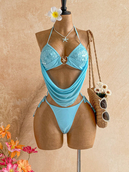 Soleia Women's Sequin Patchwork Halter Neck Draped Two-Piece Bikini Set