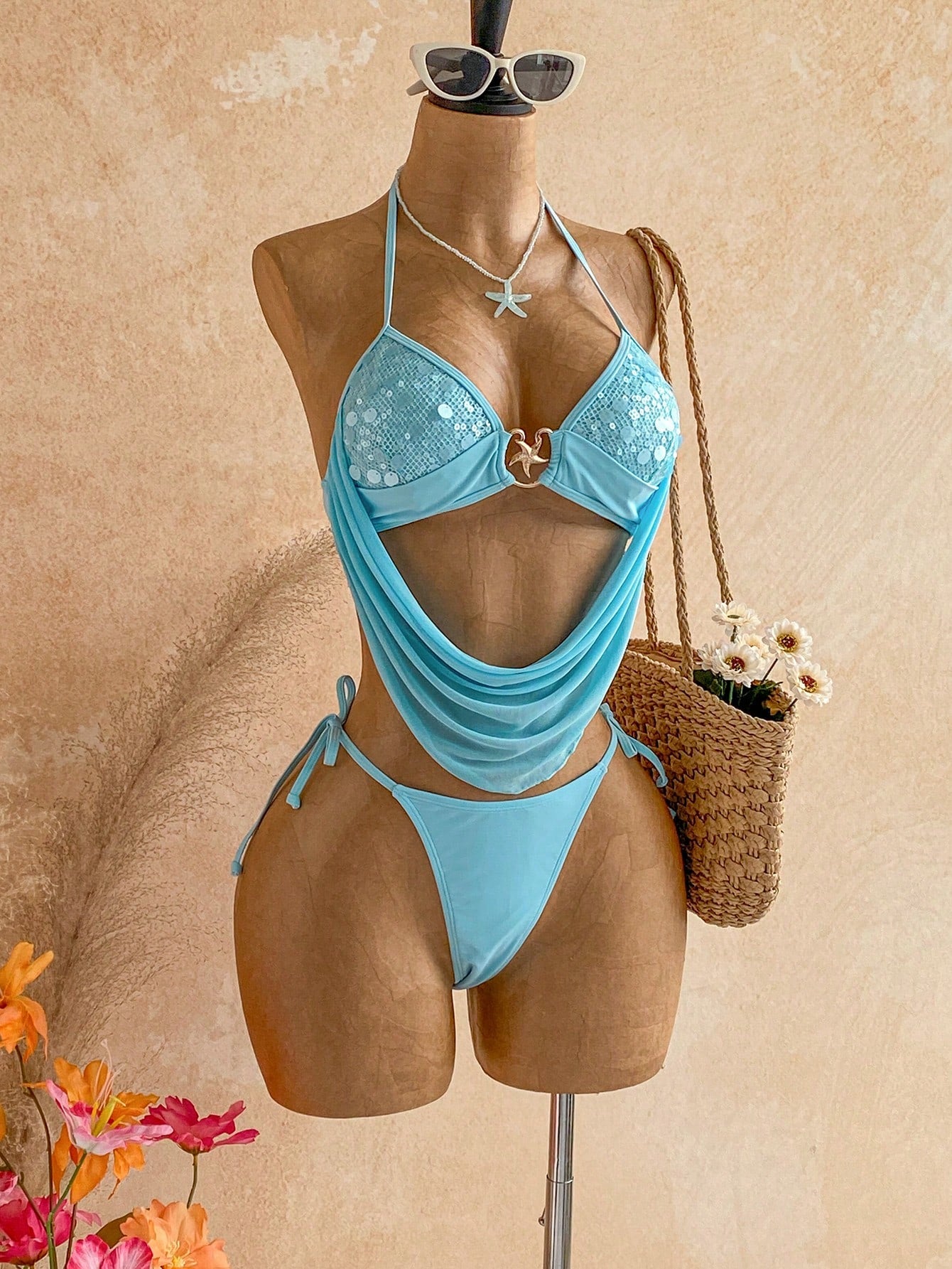Soleia Women's Sequin Patchwork Halter Neck Draped Two-Piece Bikini Set