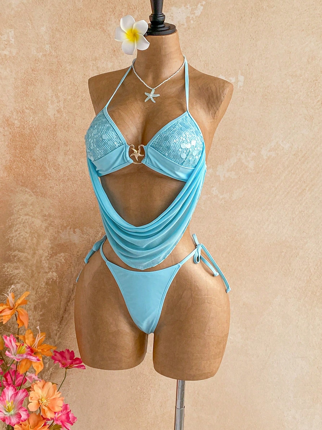 Soleia Women's Sequin Patchwork Halter Neck Draped Two-Piece Bikini Set