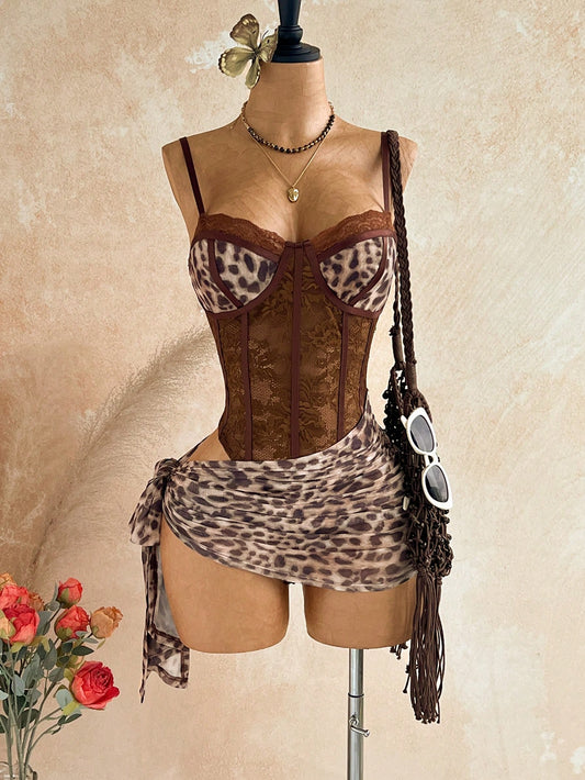 Soleia Women's Sexy Lace Patchwork Leopard Print Hollow Lace-Up Spaghetti Strap Mini Dress, Summer,No Breast Pads