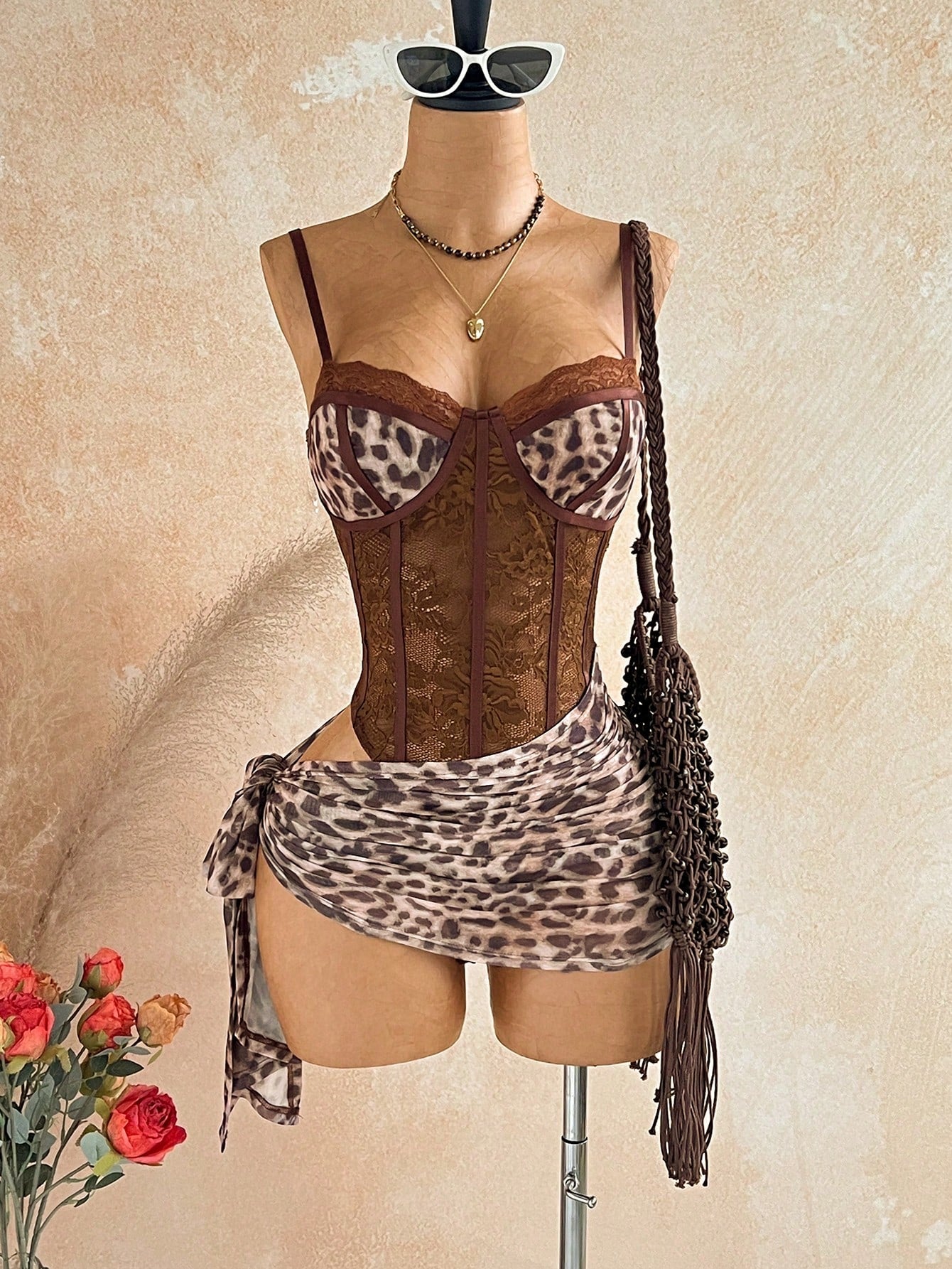 Soleia Women's Sexy Lace Patchwork Leopard Print Hollow Lace-Up Spaghetti Strap Mini Dress, Summer,No Breast Pads
