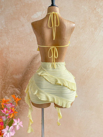 Soleia Women's Summer Beach Vacation Solid Color Textured Fabric Multi-Layer Ruffle Backless Tie Neck Mini Dress Pale Yellow Sexy