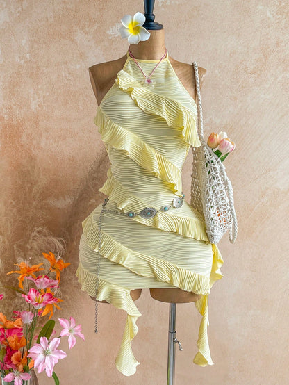 Soleia Women's Summer Beach Vacation Solid Color Textured Fabric Multi-Layer Ruffle Backless Tie Neck Mini Dress Pale Yellow Sexy
