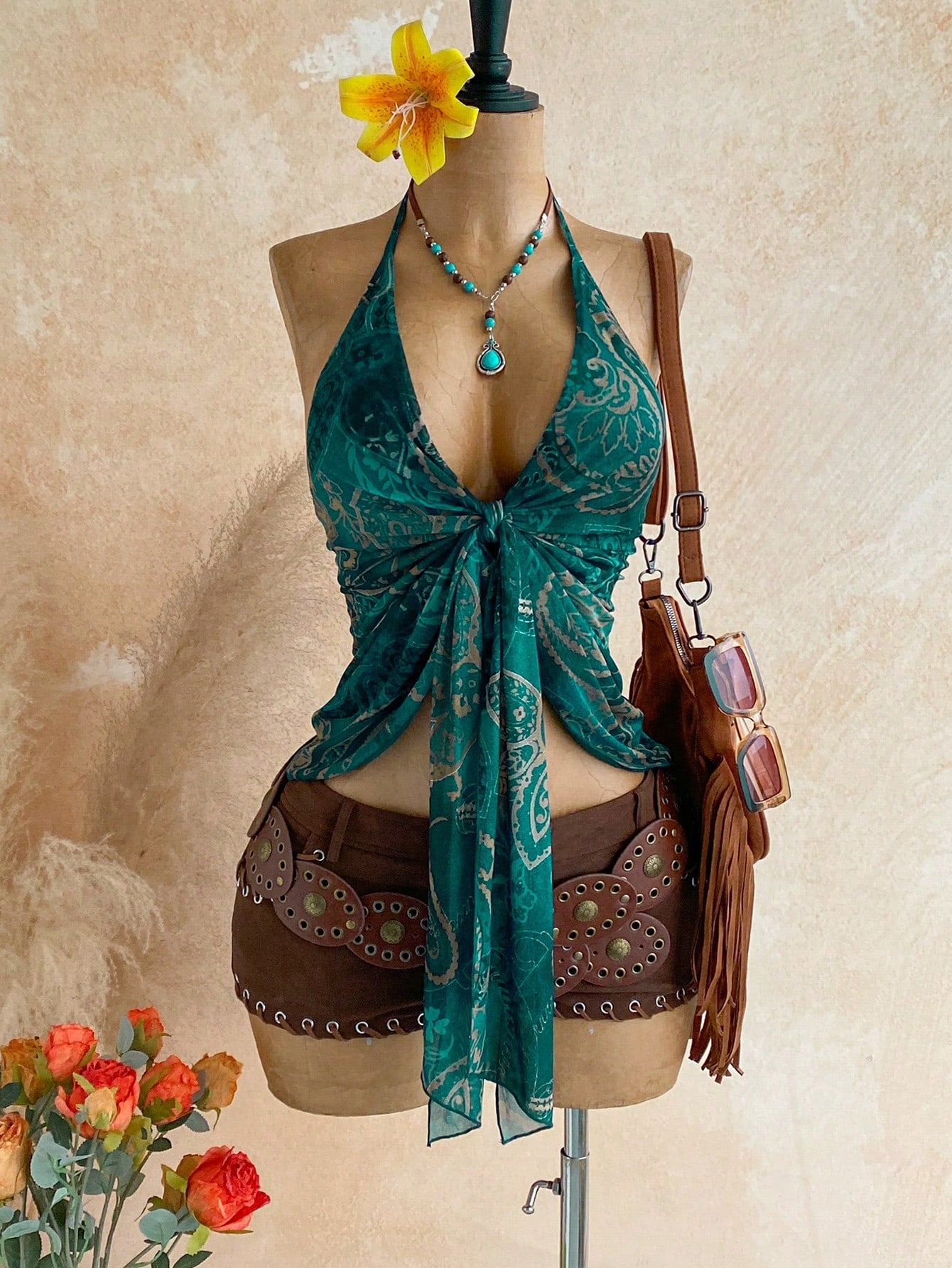 Soleia Women's Vacation Cashew Print Knot Front Halter Neck Camisole