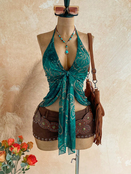 Soleia Women's Vacation Cashew Print Knot Front Halter Neck Camisole