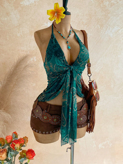 Soleia Women's Vacation Cashew Print Knot Front Halter Neck Camisole
